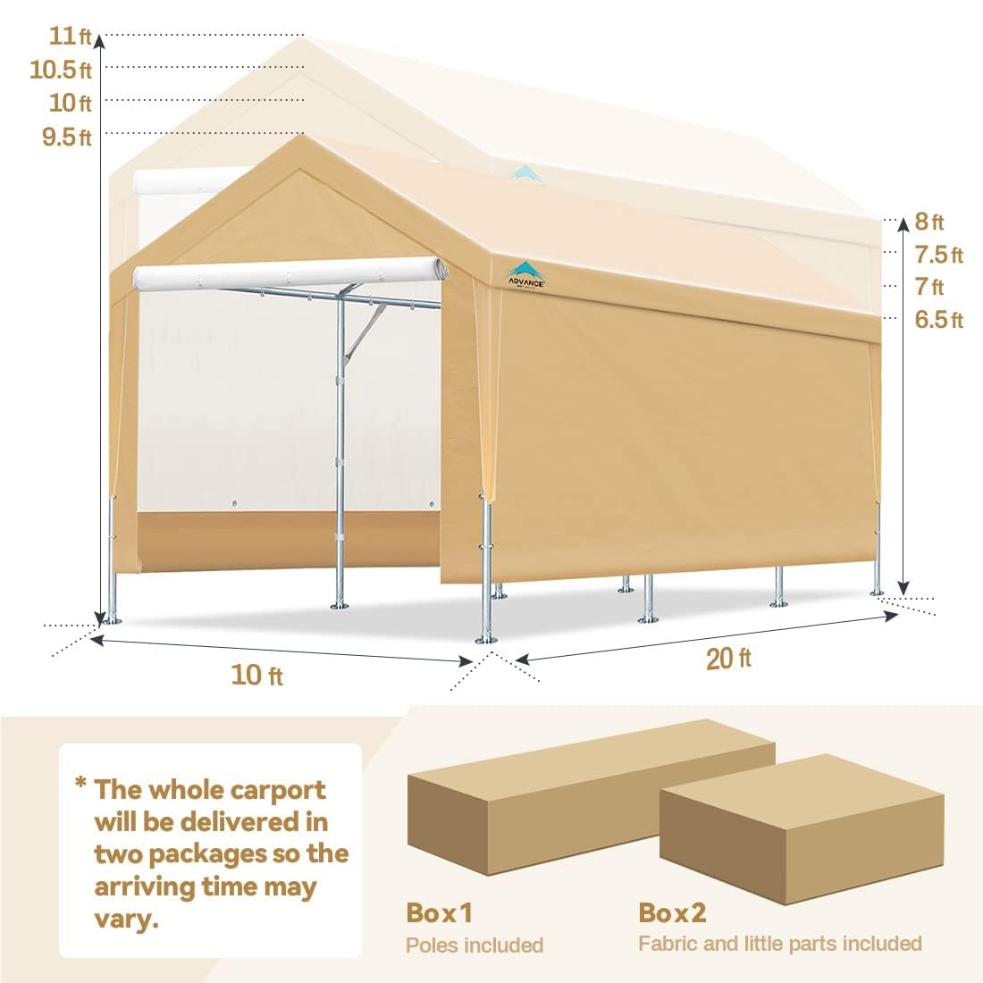 ADVANCE OUTDOOR Upgraded 10x20 ft Heavy Duty Steel Carport with Adjustable Height from 9.5 to 11 ft, Car Canopy Garage Party Tent Storage Shed Boat