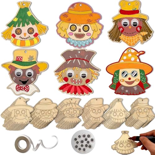 36 Sets Fall Scarecrow Craft Kits Unfinished Wooden Scarecrow Head Cutouts DIY Autumn Thanksgiving Ornaments Make Your Own Scarecrow Hanging Slices WoodArtSupply
