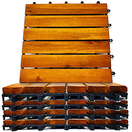Interlocking Deck Tiles 8 Pack - Snap Together Wood Flooring | 12 x Acacia Hardwood Outdoor for Patio Click Floor Decking Tile Outdoors Balcony Majestick Goods