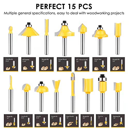 Router Bits Set 1/4 Inch Shank - Set of 15 Pieces, BAIDETS Tungsten Carbide Wood Router Bits, Woodwork Tools BAIDETS