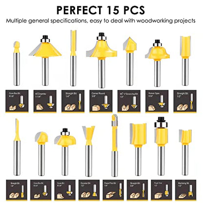 Router Bits Set 1/4 Inch Shank - Set of 15 Pieces, BAIDETS Tungsten Carbide Wood Router Bits, Woodwork Tools - WoodArtSupply