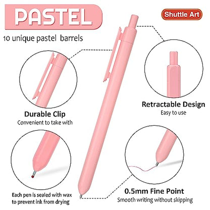 Shuttle Art Colored Retractable Gel Pens, 10 Pastel Ink Colors, Cute Pens 0.5mm Fine Point Quick Drying for Writing Drawing Journaling Note Taking - WoodArtSupply