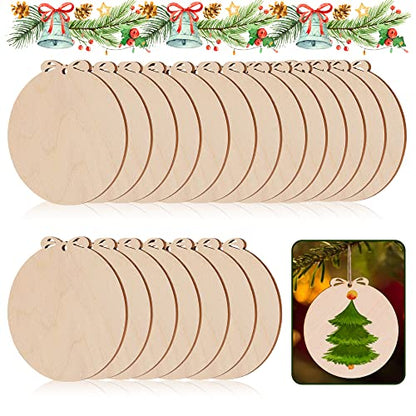 20PCS DIY Christmas Wooden Ornaments, Unfinished Wood Christmas Tree Ornaments, DIY Crafts Blank Unfinished Round Wooden Ornaments, Farmhouse