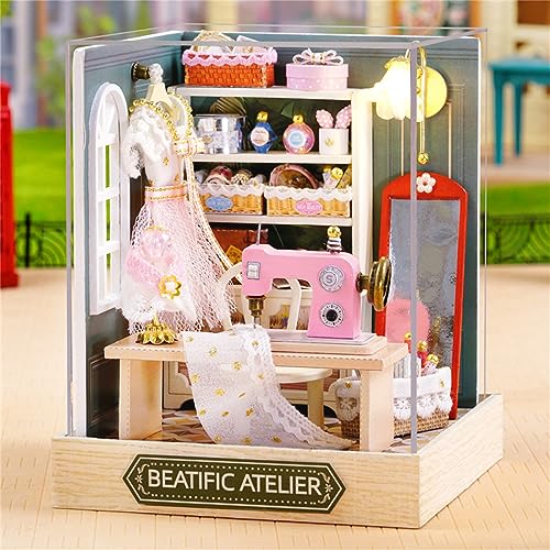 Kisoy Dollhouse Miniature with Furniture Kit, DIY 3D Wooden DIY House Kit with Dust Cover,Handmade Tiny House Toys for Teens Adults Gift (Beatific