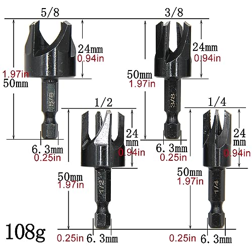 Eyech 8Pcs Wood Plug Cutter, Carbon Steel Straight and Taper Claw Drill Bit Set Woodworking Hole Saw Cutting Tool 1/4" 3/8" 1/2" 5/8" (Metric 6mm Eyech