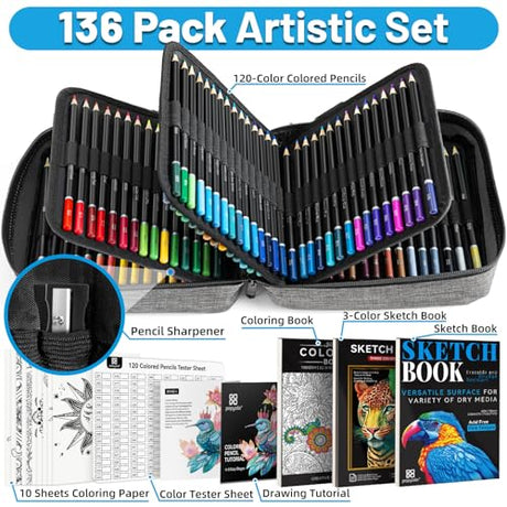 POPYOLA 136 Pack Colored Pencils Set with Portable Gift Case, Art Supplies 120 Colored Pencils, 3-Color Sketch Book, Coloring Book, Sketchbook, POPYOLA