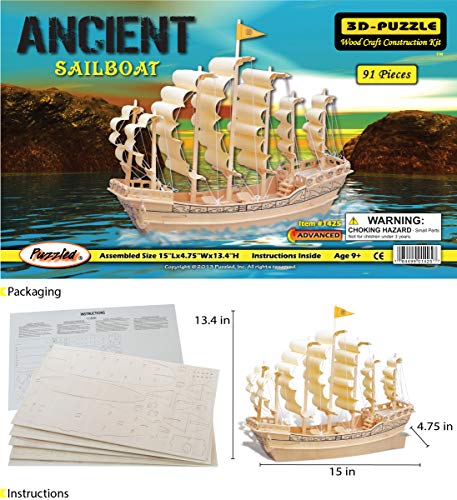 Puzzled 3D Puzzle Ancient Sailboat Wood Craft Construction Model Kit, Unique & Educational DIY Wooden Toy Assemble Model Unfinished Crafting Hobby Puzzled