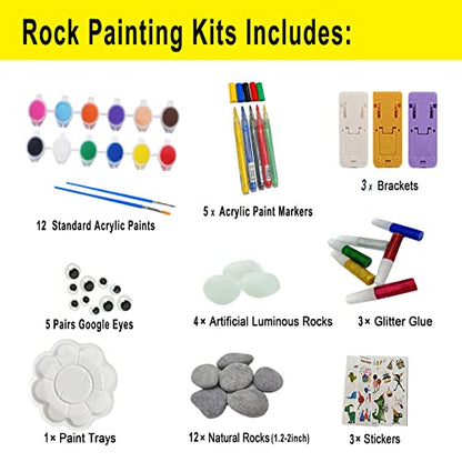 Komking Rock Painting Kit, Smooth Painting Rocks, 12 PCS Flat Craft Rocks Stones for Rock Painting with Acrylic Paint Pens, 4PCS Glow in the Dark