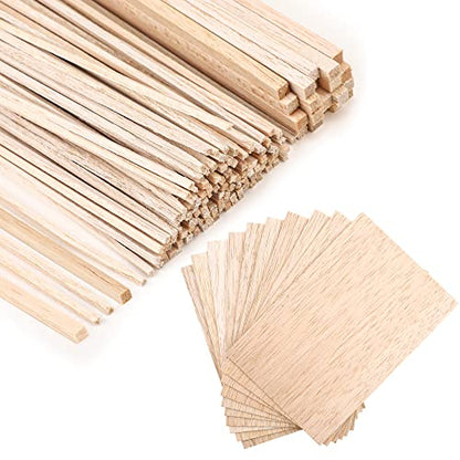 150 Pieces Balsa Wood Sticks Hardwood Square Wooden Craft Dowel Rods Unfinished Balsa Wood Sheets 12 Inch Thin Wood Strips 1/4 Inch 1/8 Inch for