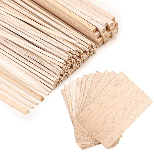 150 Pieces Balsa Wood Sticks Hardwood Square Wooden Craft Dowel Rods Unfinished Balsa Wood Sheets 12 Inch Thin Wood Strips 1/4 Inch 1/8 Inch for