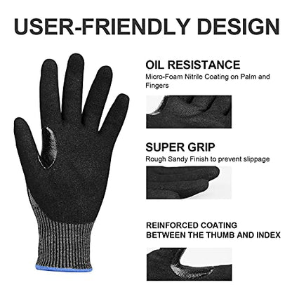 OKIAAS Level 6 Cut Resistant Work Gloves, Foam Nitrile Coated with Grip, Touchscreen Safety Gloves for Woodworking, Fishing, Construction, Mechanic - WoodArtSupply