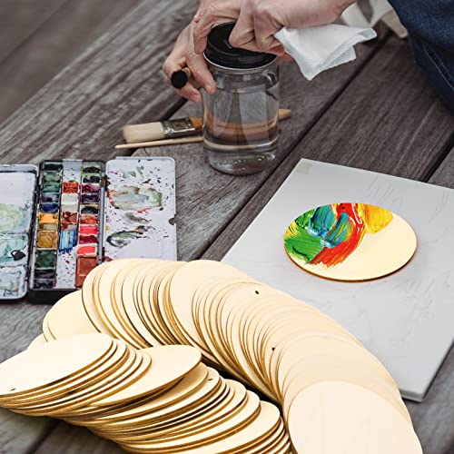 FSWCCK 100 Pcs 4 Inch Unfinished Wood Circles Rounds with Holes, Wood Round Disc Cutouts, Blank Round Wood Circles for DIY Crafts, Painting, FSWCCK