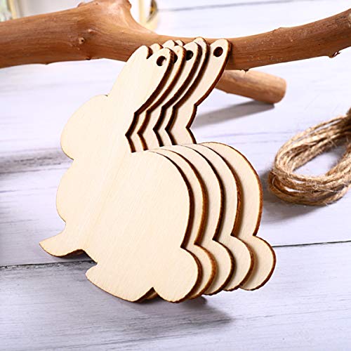 Amosfun 20Pcs Easter Unfinished Wood Cutout Rabbit Bunny Shape Cutout Hanging Ornament Easter Kids Painting Wooden Embellishment Gift Tag with Twine