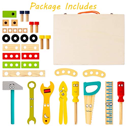 KIDWILL Tool Kit for Kids, 37 pcs Wooden Toddler Tools Set Includes Tool Box & Stickers, Montessori Educational STEM Construction Toys for 3 4 5 6 7 KIDWILL