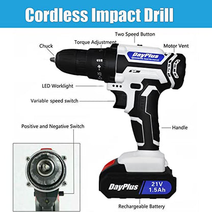 21V Cordless Drill Driver Screwdriver with 1500mAH Li-ion Battery, 2 Variable Speed 25+1 Torque Setting with LED Light, Portable Rechargeable Impact