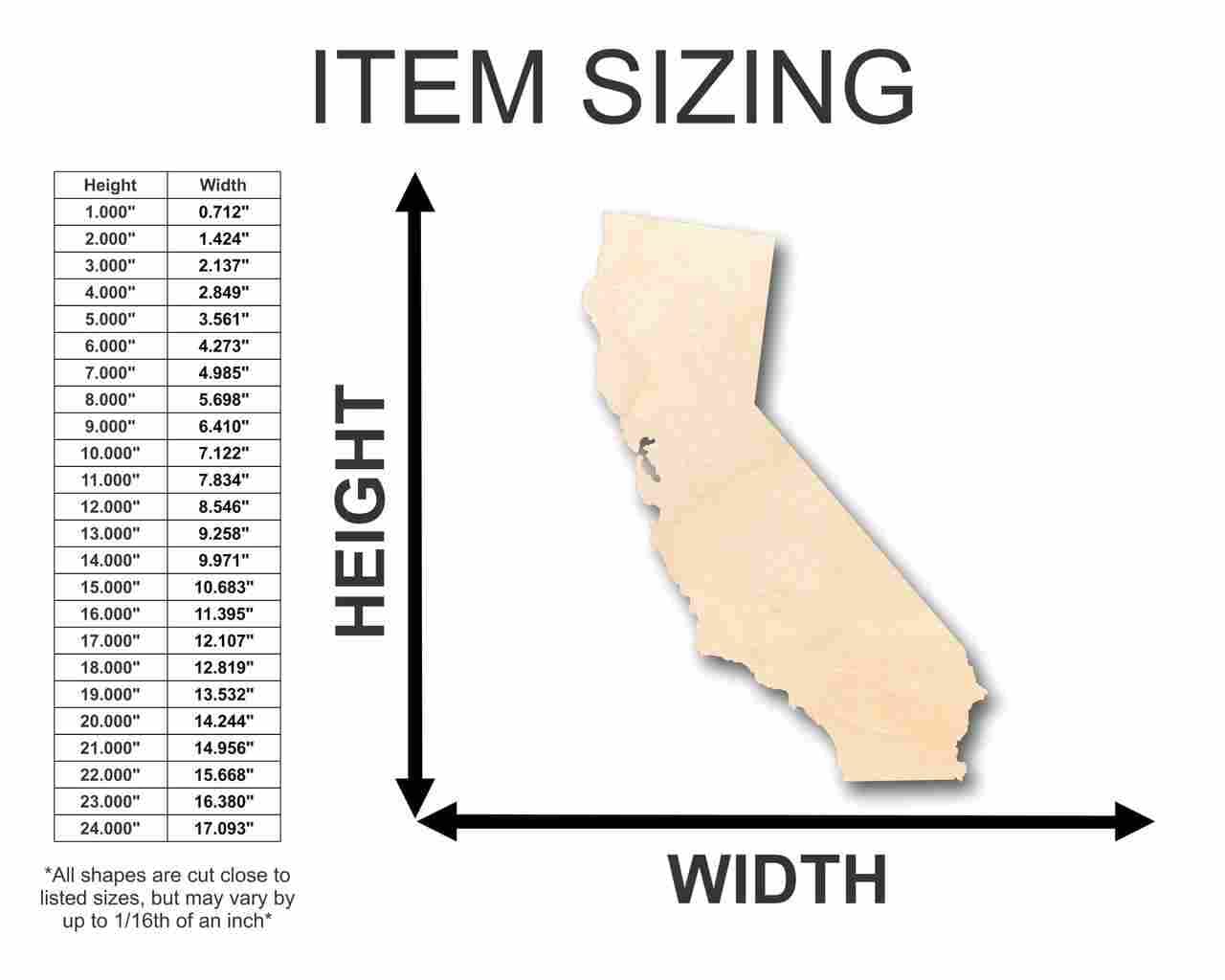 Unfinished Wood California Shape - State - Craft - up to 24" DIY 5" / 1/4" - WoodArtSupply