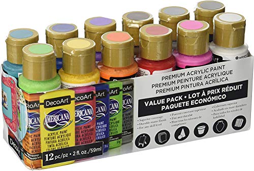 DecoArt Americana Acrylic Paint - 12 Ct Basic Assorted Acrylic Paints Value Pack - Medium Viscosity Water Based Multi Surface Acrylic Paint Set for DecoArt