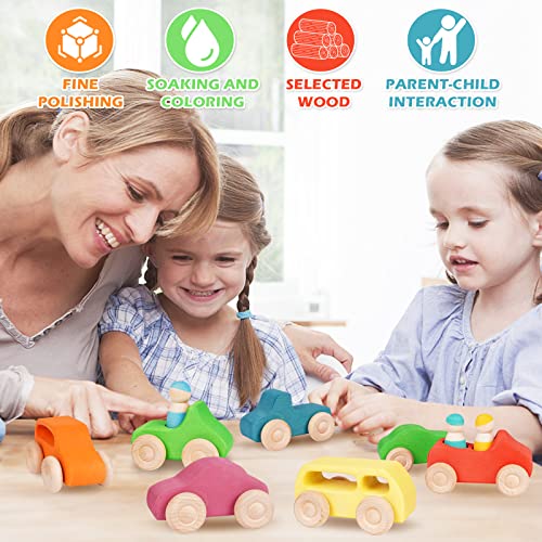 Agirlgle Montessori Wooden Car Toys - 7 Rainbow Wooden Vehicle Set Toy for Toddlers and Babies 3 Wooden Peg Doll, Colorful Pretend Play Wooden Push Agirlgle
