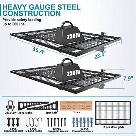Dtrik Garage Storage Shelving Wall Mounted, 2 Pack 2x3ft, Loads 500 lbs Heavy Duty Sturdy Wall Shelves, Strong Garage Organiser, Storage Racks Units, Dtrik