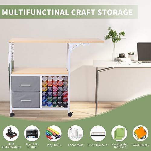 Organization and Storage Cart Compatible with Cricut Machines，Rolling Craft Storage Removable Vinyl Holders and Drawer, Crafting Desk with Storage - WoodArtSupply