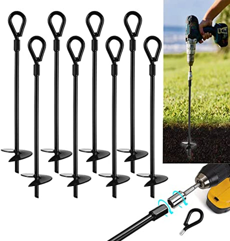 VASGOR 15” Ground Anchors (8pcs) Easy to Use with Drill, 3" Helix Diameter, Heavy Duty Anchor Hook for Camping Tent, Canopies, Car Ports, Sheds, VASGOR