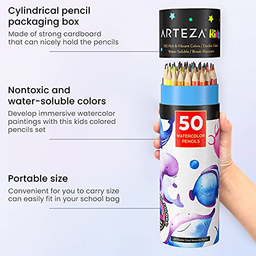 Arteza Kids Watercolor Pencils, 100 Colors, 50 Double-Sided Pencil Crayons with Nylon Watercolor Brush, Pre-Sharpened, Art and School Supplies for - WoodArtSupply