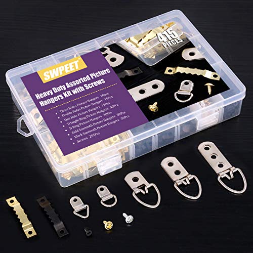 Swpeet 415Pcs Picture Hangers Kit with Screws, Heavy Duty Assorted Picture Hangers Assortment Kit for Picture Hanging Solutions with Transparent Box Swpeet