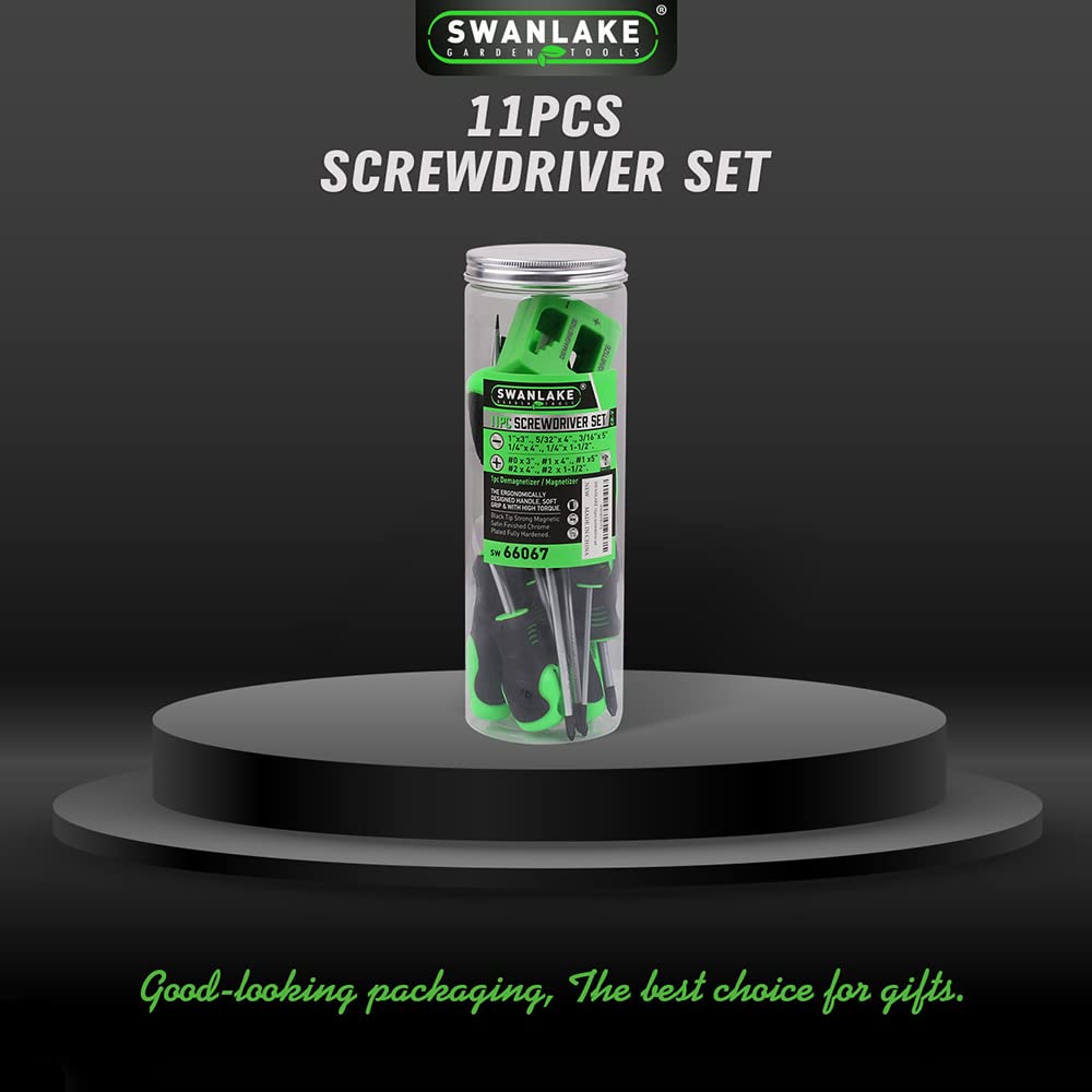 SWANLAKE 11PCS Screwdriver Set, Magnetic 5 Phillips and 5 Flat Head Tips for Fastening and Loosening Seized (11PCS) SWANLAKE GARDEN TOOLS