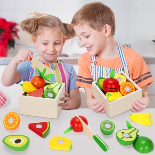 TooyBing Wooden Play Food Toy Set for Kids Kitchen 30 Pcs