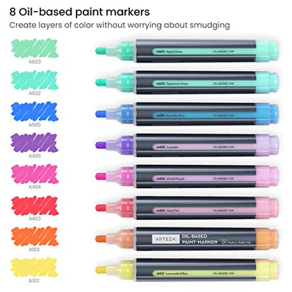 ARTEZA Pastel Oil-Based Markers, 8-Pack, 2.5 mm Line, Large Barrel, Quick-Drying Permanent Marker Pens with Bullet Nib, Craft and Art Supplies for - WoodArtSupply