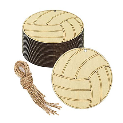 20pcs Volleyball Shape Cutout Unfinished Wood Crafts DIY Hanging Gift Tags Ornaments with Ropes for Home School Volleyball Sport Party Decoration,