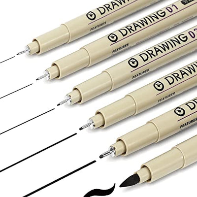 Micro Fineliner Drawing Art Pens: 6 Black Fine Line Waterproof Ink Set Artist Supplies Archival Inking Markers Pigment Liner Journaling Sketch