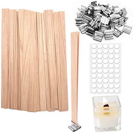 50 Pcs Wooden Candle Wicks + + 50pcs 304 Stainless Steel Base + 50 Double-Sided Stickers,Thickened Wood Wicks with Iron Stand & Candle Wick Trimmer& CKANDAY
