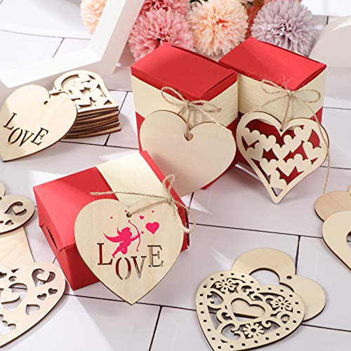 80 Pieces Valentine's Unfinished Heart Shaped Wood Slices Pre-drilled DIY Heart Slices Wooden Heart Ornaments with Natural Twine (3 x 3 Inches, Wood