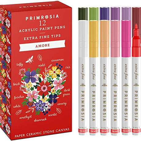 Primrosia 12 Amore Acrylic Paint Pens for rock painting, paper, wood, ceramic, stone, canvas – Extra Fine Tip Markers Set Primrosia