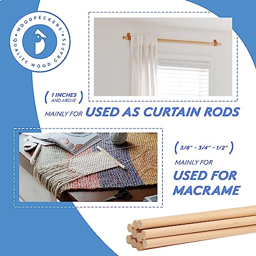 Woodpeckers Dowel Rods - 1/2 x 60 inch Unfinished Hardwood Sticks - for Crafts and DIYers - 2 Pieces