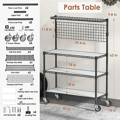 Leteuke NSF Certified 4-Tier Rolling Kitchen Bakers Rack with Adjustable Shelves and 20 S-Hooks Leteuke