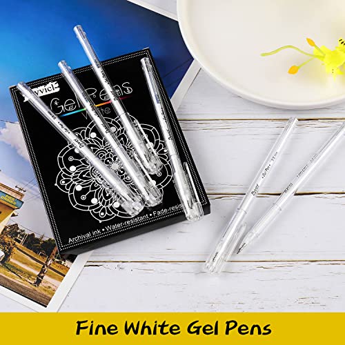 Dyvicl White Gel Pens, 0.8 mm Fine Pens Gel Ink Pens for Black Paper Drawing, Sketching, Illustration, Adult Coloring, Journaling, Set of 12