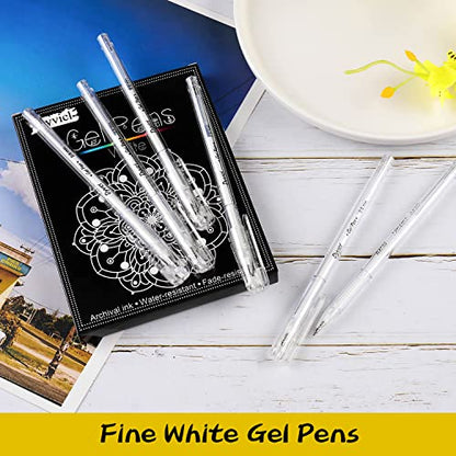 Dyvicl White Gel Pens, 0.8 mm Fine Pens Gel Ink Pens for Black Paper Drawing, Sketching, Illustration, Adult Coloring, Journaling, Set of 12