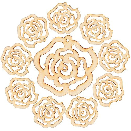 LUOEM 10pcs Hollow Rose Flower Wooden Cutouts Mini Wooden Slices for Patchwork DIY Handmade Crafting Valentine's Day Wedding Party Aniversary Hanging LUOEM