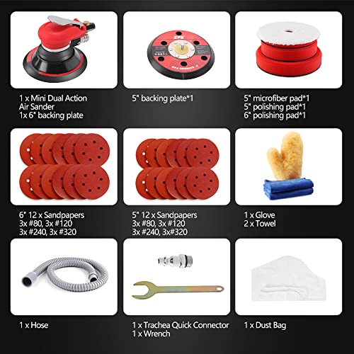 ZFE Random Orbital Sander 5" & 6" Pneumatic Palm Sander with Extra 5" Backing Plate, Sponge Polishing Pads, Sandpapers Low Vibration and Heavy Duty ZFE