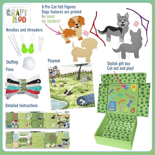 CRAFTILOO 8 Pre-Cut Dogs Stuffed Animal Fun Kids Sewing Kit for Kids Ages 8-12 Children Beginners Sewing kit Kid Puppy Crafts Felt Pillow Plush Craft