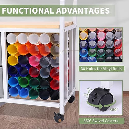 Organization and Storage Cart Compatible with Cricut Machines，Rolling Craft Storage Removable Vinyl Holders and Drawer, Crafting Desk with Storage - WoodArtSupply