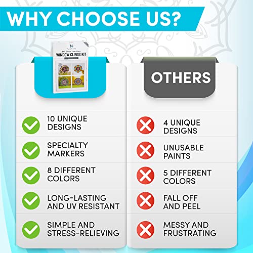 Hula Home Stained Glass Mandala Art Kit - DIY Window Clings with Markers, 10 Suncatchers - Perfect Hobby for Adults, Kids, Teens & Seniors - Ideal Hula Home