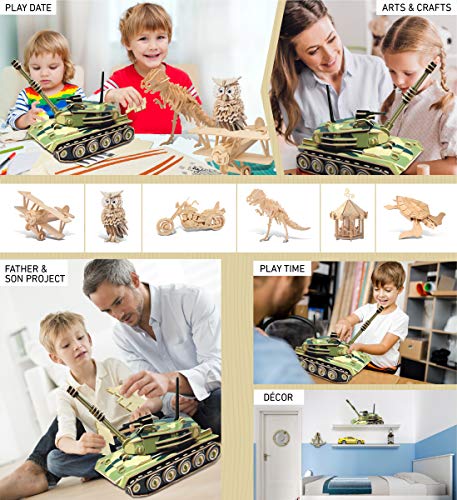 Puzzled 3D Puzzle Colorful Tank Wood Craft Construction Kit Fun, Unique and Educational DIY Wooden Military Toy Assemble Model Pre-Colored Crafting Puzzled