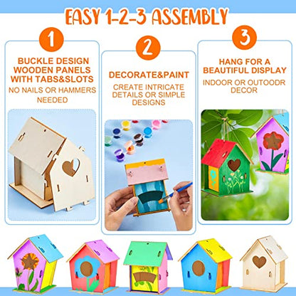 Juexica 15 Pcs Wooden Birdhouses, Unfinished Wood Bird Houses Arts and Crafts Kits Wooden Bird Houses to Paint for Kids DIY Craft