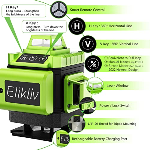 Laser Level Self Leveling - Elikliv 200ft Outdoor Robust Indoors 4D Green Cross Line Laser Level 4x360 Horizontal Vertical Dual-beam Lasers for DIY - WoodArtSupply