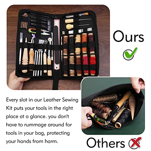 60 Pcs Leather Working Tools Leather Sewing Kit Leather Craft Tools with Storage Bag Stamping Tools Stitching Groover Waxed Thread Prong Punch for JUPEAN