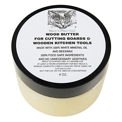 Wood Butter 4 oz Cutting Board Wax Conditioner for Butcher Block and Wooden Kitchen Tools. Macy;s Place Food Grade Protective Mineral Oil and Beeswax - WoodArtSupply