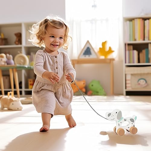 WoodenEdu Baby Toys Car,Wooden Pull Along Toddler Toy, Developmental Toy for 1 Year Old Girl Boy Birthday Gift (Dog) WoodenEdu